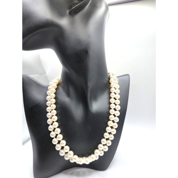 Signed Coralee Double Strand Faux Pearl Necklace Rhinestone Accent - Picture 2 of 5